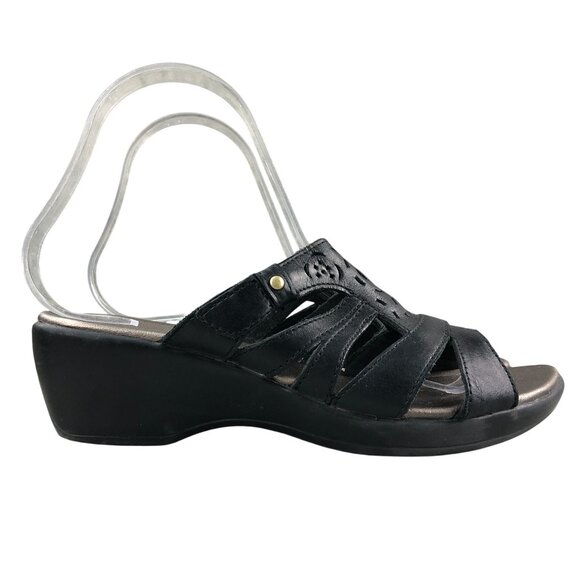 Clarks Women's Size 7M Black Leather Open Toe Slip On Mid Wedge Sandals - Picture 1 of 15